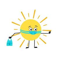 Cute sun character with sad emotions, face and mask keep distance, hands with shopping bag and stop gesture. Person with care expression and pose. Vector flat illustration