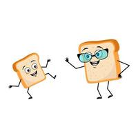 Cute bread character with glasses and grandson dancing character with happy emotion, face, smile eyes, arms and legs. Baking person, homemade pastry with funny expression. Vector flat illustration