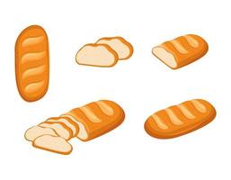 Whole and sliced white loaf bread. Bakery products, pastries, dough food. Vector flat cartoon food