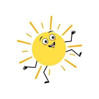 Cute sun character with happy emotion, joyful face, smile eyes, arms and legs. Person with funny expression and pose. Vector flat illustration