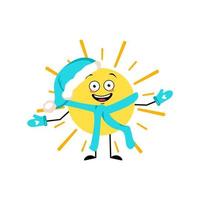 Cute sun character in Santa hat with happy emotion, joyful face, smile eyes, arms and legs. Person with funny expression and pose. Vector flat illustration