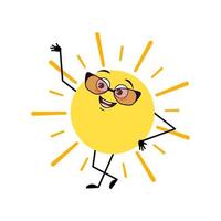Cute sun character with glasses and happy emotion, face, smile eyes, arms and legs. Person with funny expression and pose. Vector flat illustration