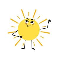 Cute sun character with emotions of hero, brave face, arms and leg. Person with courage expression and pose. Vector flat illustration