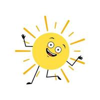 Cute sun character with crazy happy emotion, joyful face, smile eyes, dancing arms and legs. Person with funny expression and pose. Vector flat illustration