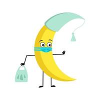 Cute moon character in nightcap with sad emotions, face and mask keep distance, hands with shopping bag and stop gesture. Person with care expression and pose. Vector flat illustration