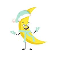 Cute moon character in nightcap in Santa hat with happy emotion, joyful face, smile eyes, arms and legs. Person with funny expression and pose. Vector flat illustration