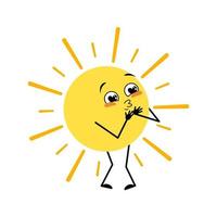 Cute sun character with love emotions, happy face, smile, arms and legs. Person with happy expression and pose. Vector flat illustration