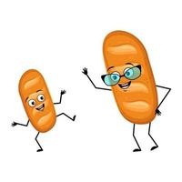 Loaf of bread character with glasses and grandson dancing character with happy emotion, face, smile eyes, arms and legs. Baking person, homemade pastry with funny expression. Vector flat illustration