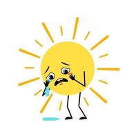 Cute sun character with crying and tears emotion, sad face, depressive eyes, arms and legs. Person with melancholy expression and pose. Vector flat illustration