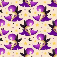 Witch hat with bird skull and feather. Magic wizard seamless pattern, background. Halloween decoration. Packaging wrapping paper design. vector