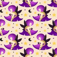 Witch hat with bird skull and feather. Magic wizard seamless pattern, background. Halloween decoration. Packaging wrapping paper design. vector