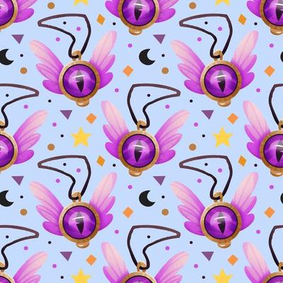 Magic amulet with crystal eye and wings. Wizard, witch element, tool. Fantasy world. Casual video game design. Seamless pattern, background. Halloween decoration. Packaging wrapping paper design.
