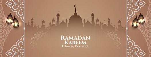 banner de saludo del festival islámico ramadan kareem con mezquita vector