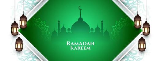 banner de saludo del festival islámico ramadan kareem con mezquita vector