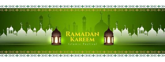 banner de saludo del festival islámico ramadan kareem con mezquita vector