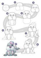 Cartoon character adorable animal walrus - drawing tutorial vector