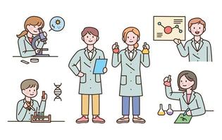 Scientist characters with cute faces are doing research with experimental equipment.