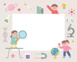 Banner template with cute kids and science experiment tools. vector