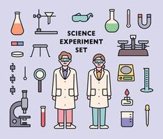 Set of cute scientist characters and laboratory experiment tools icons.