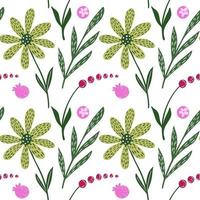 Cute floral seamless pattern on white background. Pink and green flowers on meadow in doodle style.