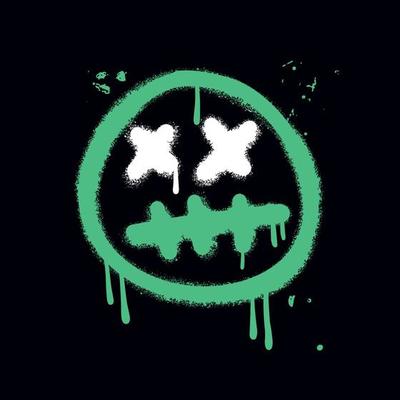 Scary hand drawn dead emoji, ink brush neon color emoticon icon on a black background. Textured hand drawn vector illustration of street wall art.
