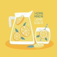 Banner for homemade lemonade with Jug of fresh citrus drink and Glass of tasty lemon beverage. Still life food with fresh juicy bright lemons slices. Flat hand drawn vector illustration with lettering