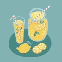 composición de limonada de verano con vaso y tarro de bebida natural y rodajas y limón maduro. ilustración vectorial aislada dibujada a mano plana. vector