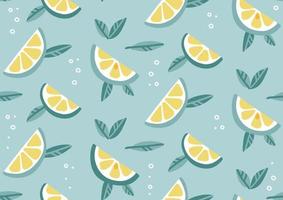 Seamless pattern with mojito cocktail with lime slices, and mint leaves. Summer fruit, tropical citrus background, cold drink. Concept for fresh lemonade, soda. Vector flat cartoon illustration