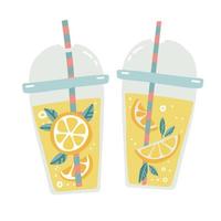 Two Plastic transparent cups for smoothie with striped pipe. Fresh lemonade, orange juice with citrus slices in a plastic cup. Isolated Hand drawn vector flat cartoon style.