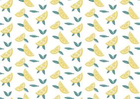 Lemon fruit slices with leaves seamless pattern on white background. Exotic tropical background. Summer flat vector illustration for textile, wrapping paper. Detox concept