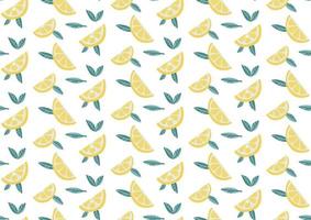 Lemon fruit slices with leaves seamless pattern on white background. Exotic tropical background. Summer flat vector illustration for textile, wrapping paper. Detox concept