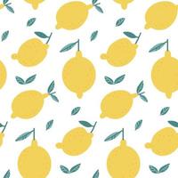 Abstract lemon seamless pattern. Endless texture for wallpaper, textile, fabric, paper. Whole fruits with leaves on white background. Flat hand drawn vector illustration.