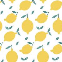 Abstract lemon seamless pattern. Endless texture for wallpaper, textile, fabric, paper. Whole fruits with leaves on white background. Flat hand drawn vector illustration.