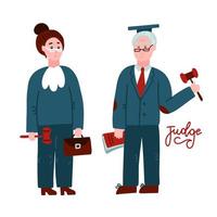 Two judges woman and man.Court workers in judicial robe holding book and hummer. Law justice professional occupation concept. Hand drawn characters full length isolated. Flat vector illustration.