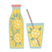 Set of glass and jug with yellow lemonade detox drink, fruit smoothie, organic lemonades with straws. Refreshing summer homemade beverages. Colored flat hand drawn vector illustration isolated