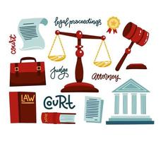 Symbols of legal regulations. Juridical icons set. Juridical, tribunal and judgment, law and gavel. Judges portfolio, courthouse. Flat vector illustration with hand drawn lettering legal proceedings