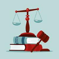Justice scales and wooden judge gavel concept. Law hammer sign with books of laws. Legal law and auction symbol. Classic court Libra. Flat Vector illustration.