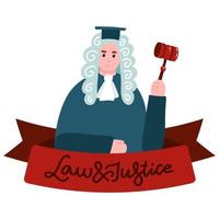 Supreme Court, Judiciary Social Media Banner. Judge in Mantle and Wig Cartoon Characterwoth lettering Law and justice on ribbon. Judicial Law, Legal Lawsuit Banner Template. Flat Vector Illustration