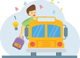 A boy with a school bag is going to school in the school bus. vector