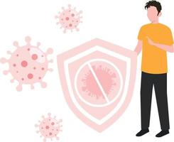 A boy is standing with germs protection shield. vector
