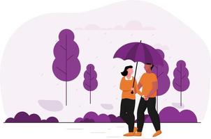 The couple is walking on road in rainy day with umbrella vector