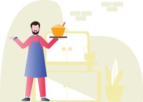 The chef is standing with a food dish in his hands. vector