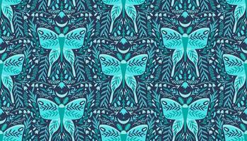 Seamless pattern Moth insect mirror composition.Ornamental branch leaf nature. vector