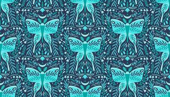 Seamless pattern Moth insect mirror composition.Ornamental branch leaf nature. vector