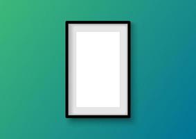 Vertical black photo frame object on gradient green color wall. Mock up for composition object with shadow. Realistic vertical isolated template. Vector illustrator.