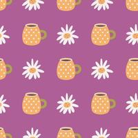 Orange mug with white polka dots with chamomile flowers, vector seamless pattern