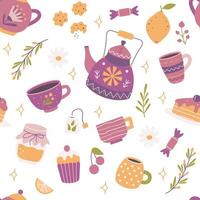 Tea set with sweets, plants. Vector seamless pattern on white background