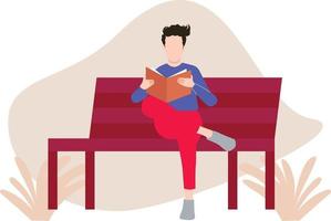 The boy is sitting on the bench reading a book. vector