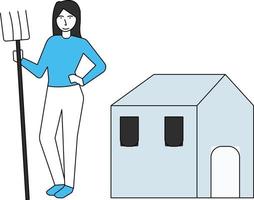 The girl is standing with a pitchfork near the farmhouse. vector