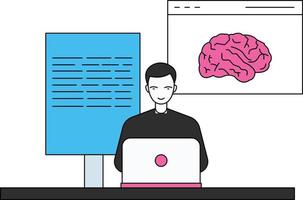 The boy is working on an artificial intelligence web page. vector